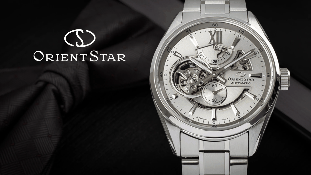 Orient Star automatic open-heart watch in stainless steel, with the Orient Star logo